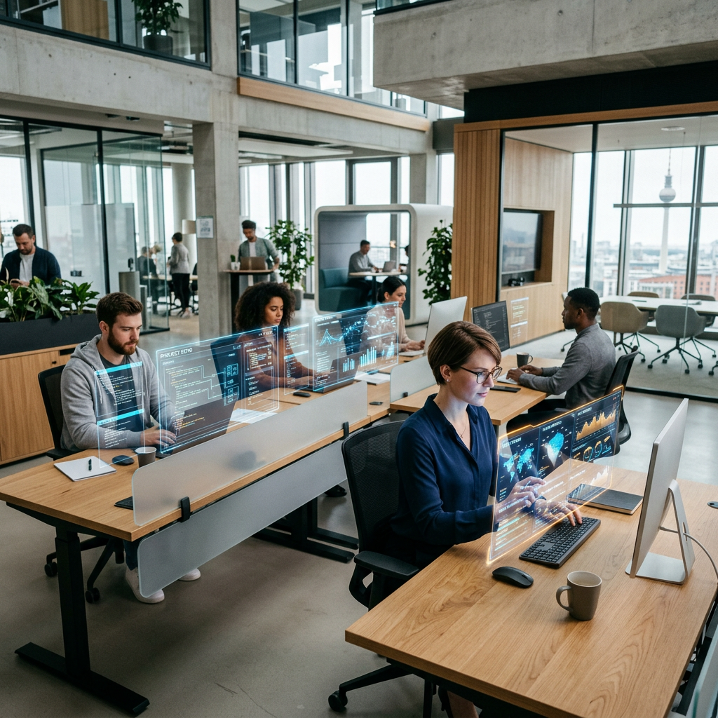 People working at desks with transparent digital data displays in an open office